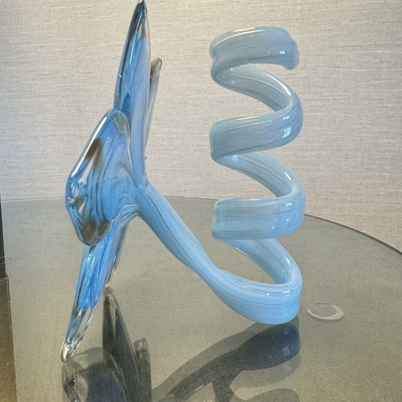 Vintage Hand-blown Murano Art Glass Flower W/Curled Stem Blue Clear Glitter - Picture 4 of 6